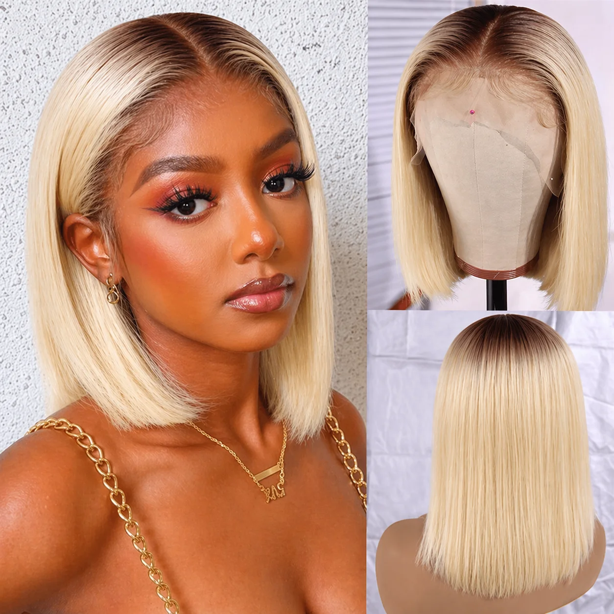 

Парик-каре Bob Hair 4/613 Ombre Blonde с кружевной передней частью 13×4, 180% плотность, из бразильских натуральных прямых волос, короткий парик-каре с предварительно выщипанной линией роста волос
