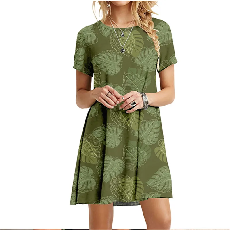 3D Green Leaves Floral Printed Mini Dress For Women 2022 Summer Loose Oversized Casual Short Sleeve O-Neck A-Line Dress Sundress