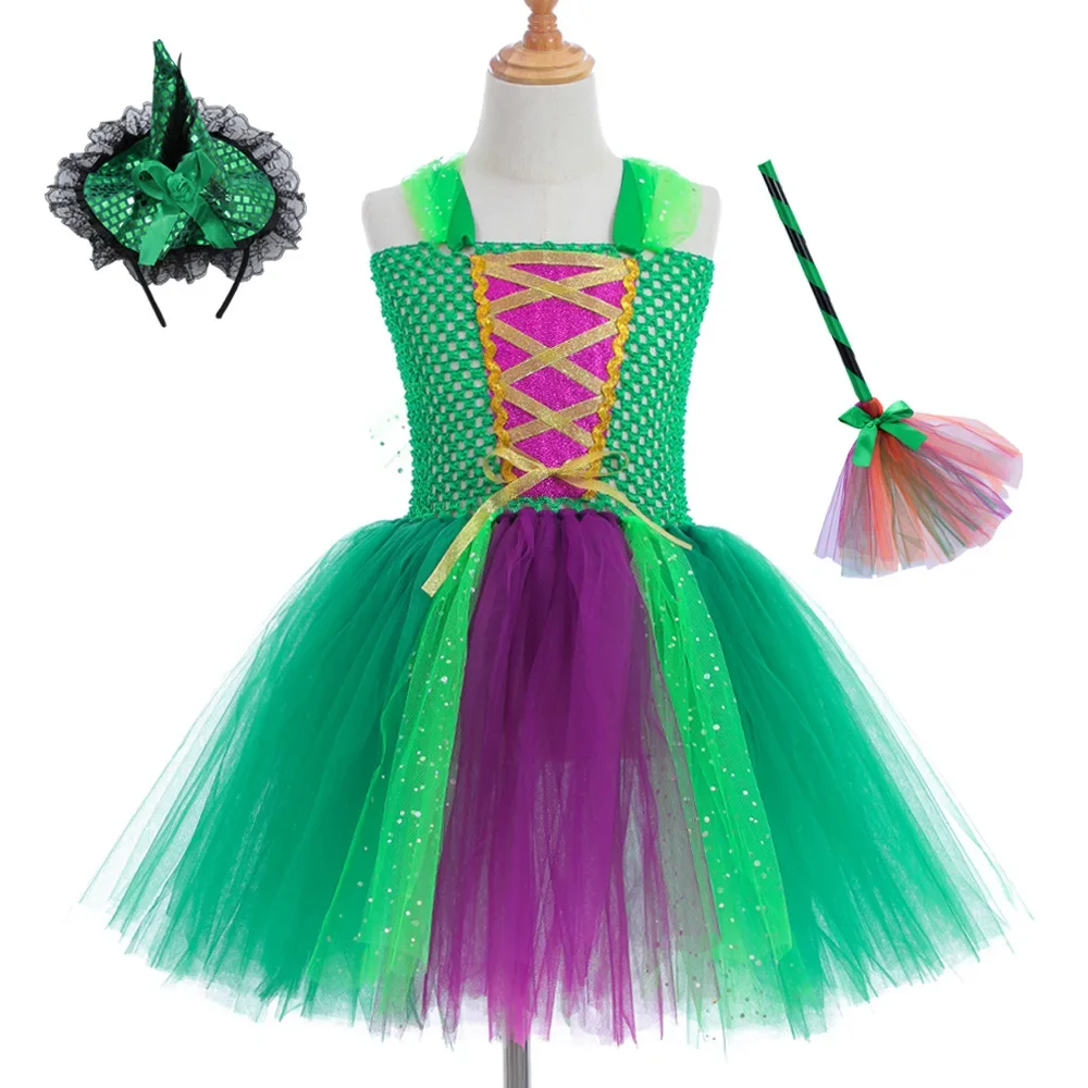 الفتيات هالوين بريق توتو التنانير الطفل الباليه تول pettiskirts مع قبعة الساحرة المكانس الاطفال تأثيري ملابس تنكرية للحفلات القماش