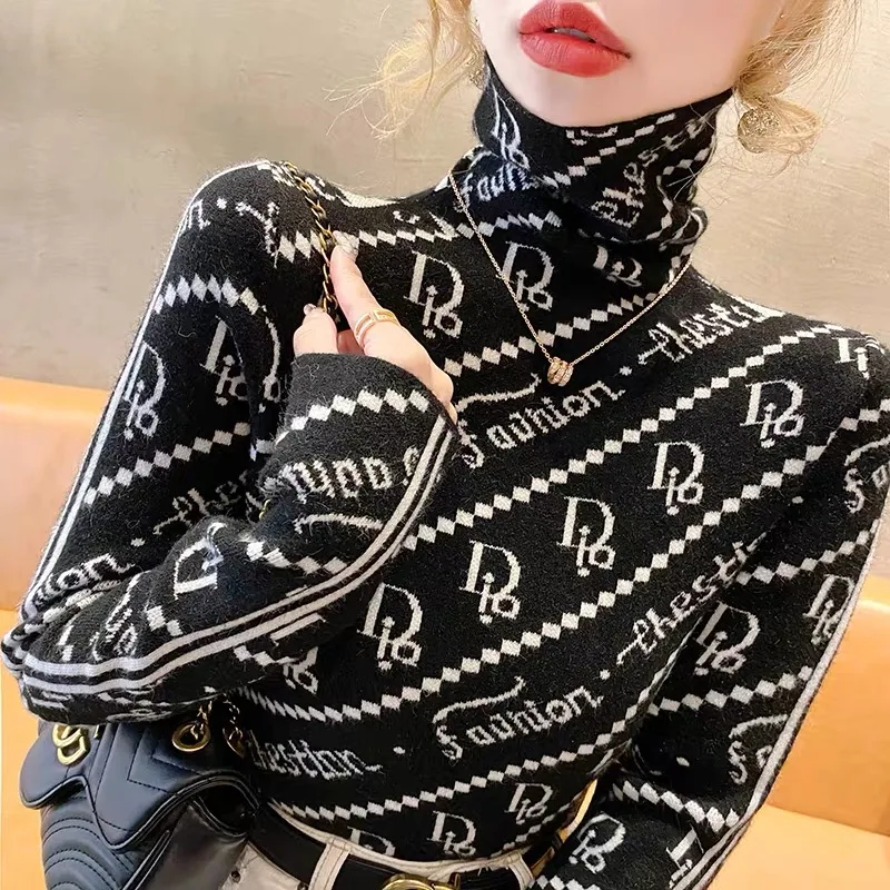 Women Clothing Slim Knitted Turtleneck Sweaters Autumn Winter New Vintage Fashion Elegant Pullovers Chic Y2k Letter Jacquard Top