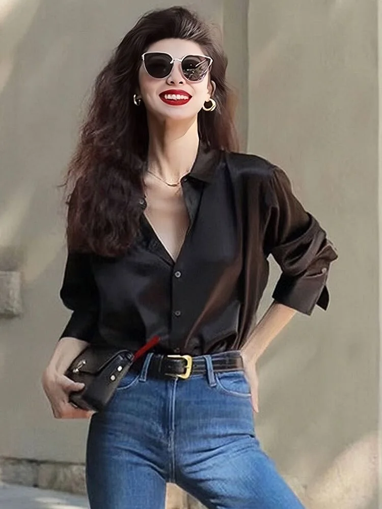 

Ele Bla Silk irt Женская модная привлекательность Высокое качество Ранняя осень Новый дизайн Корейский воротник с воротником-стойкой Длинный све