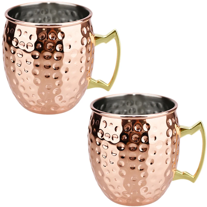 

2Pcs 2024New Cocktail Wine Cup Moscow Mule Mug Stainless Steel Hammered 500ml Copper Plated Beer Cup Bar Drinkware