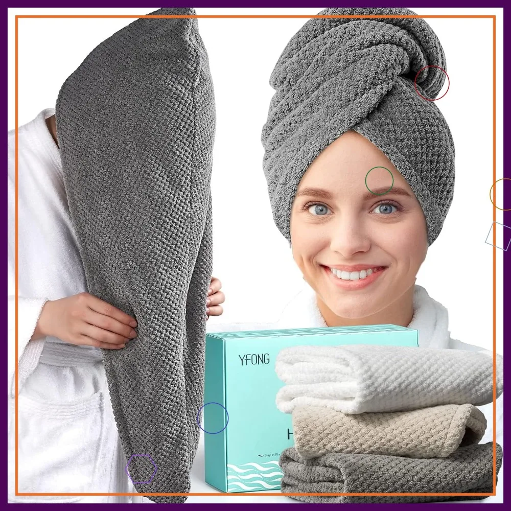 

3 Pack Quick Dry Microfiber Hair Towel Wrap, 30x10 Inches, Anti Frizz for Long Curly Thick Hair (Grey, White, Camel)