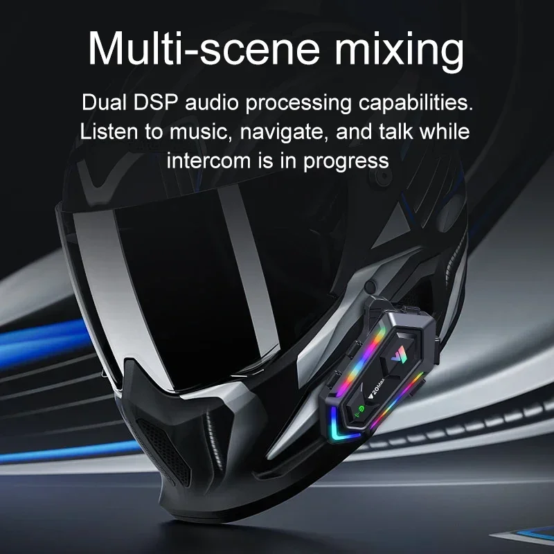 Y20 MAX Motorcycle Helmet Bluetooth Headset Intercom With Mixing V5.3 IPX6 Waterproof RGB Colorful Light Effect 1000mAh Battery image 4