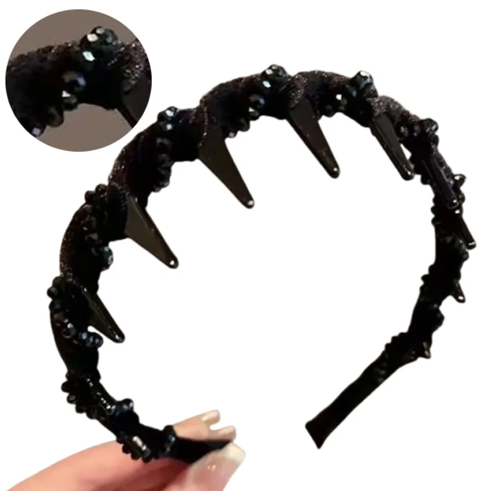 

Toothed Wave Headband with Beaded Korean Style Fluffy Face Wash Hairband Headwear Temperament High Cranial Top Headband Travel