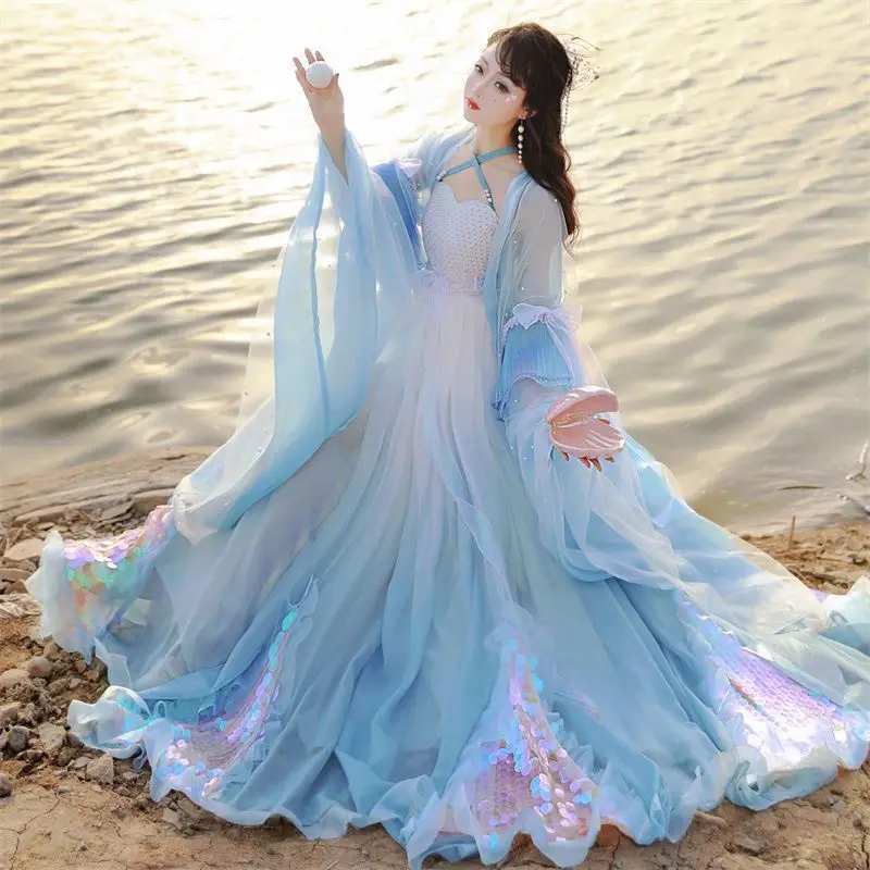 Vestido Hanfu chino antiguo para mujer, traje de cosplay de FairyCosplay, vestido de baile de escenario, vestido Hanfu de verano, azul degradado, talla grande