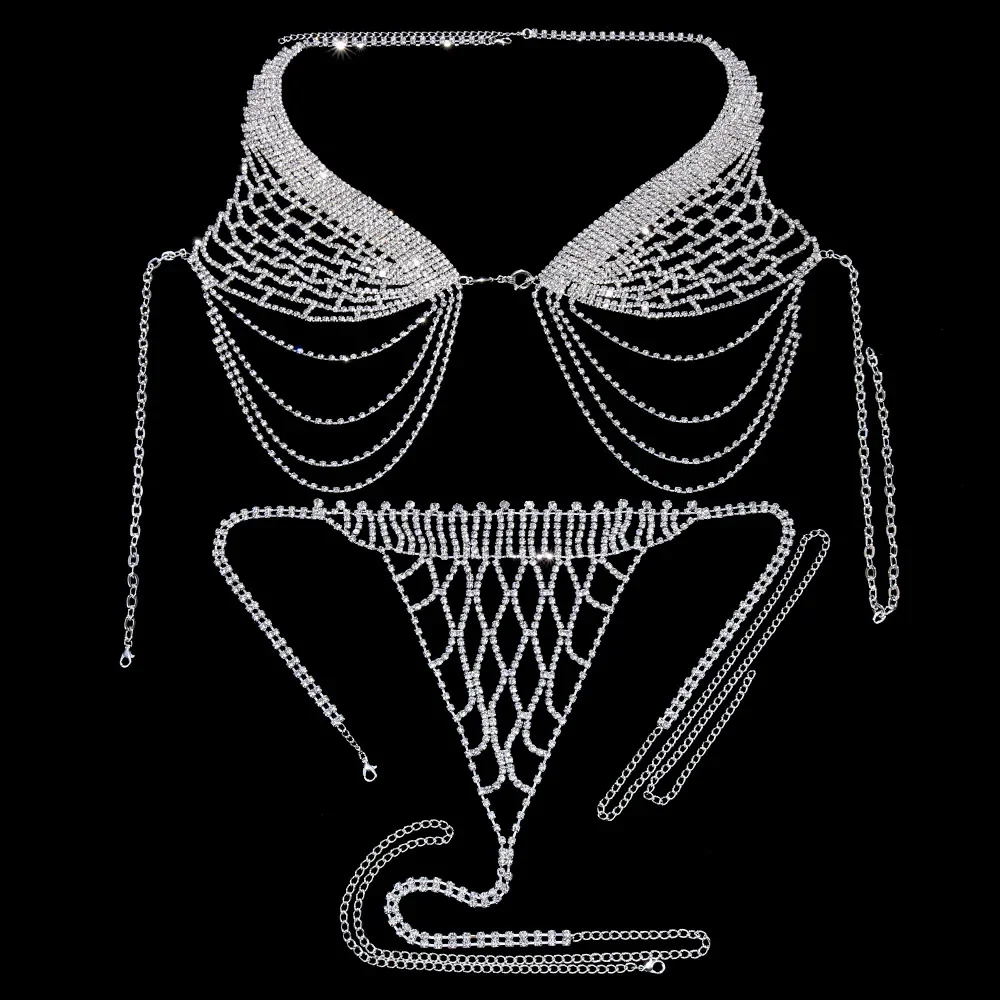 Stonefans Tassel Underwear Rhinestone Bra Chain Harness for Women Sexy Fashion Crystal Bikini Bra and Thong Sets Body Jewelry