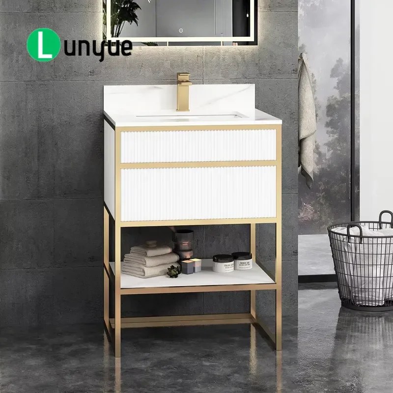 Custom Matte White Modern European Floor to Ceiling Plywood Bathroom Vanity Cabinet with Marble Sink Durable Storage Solution