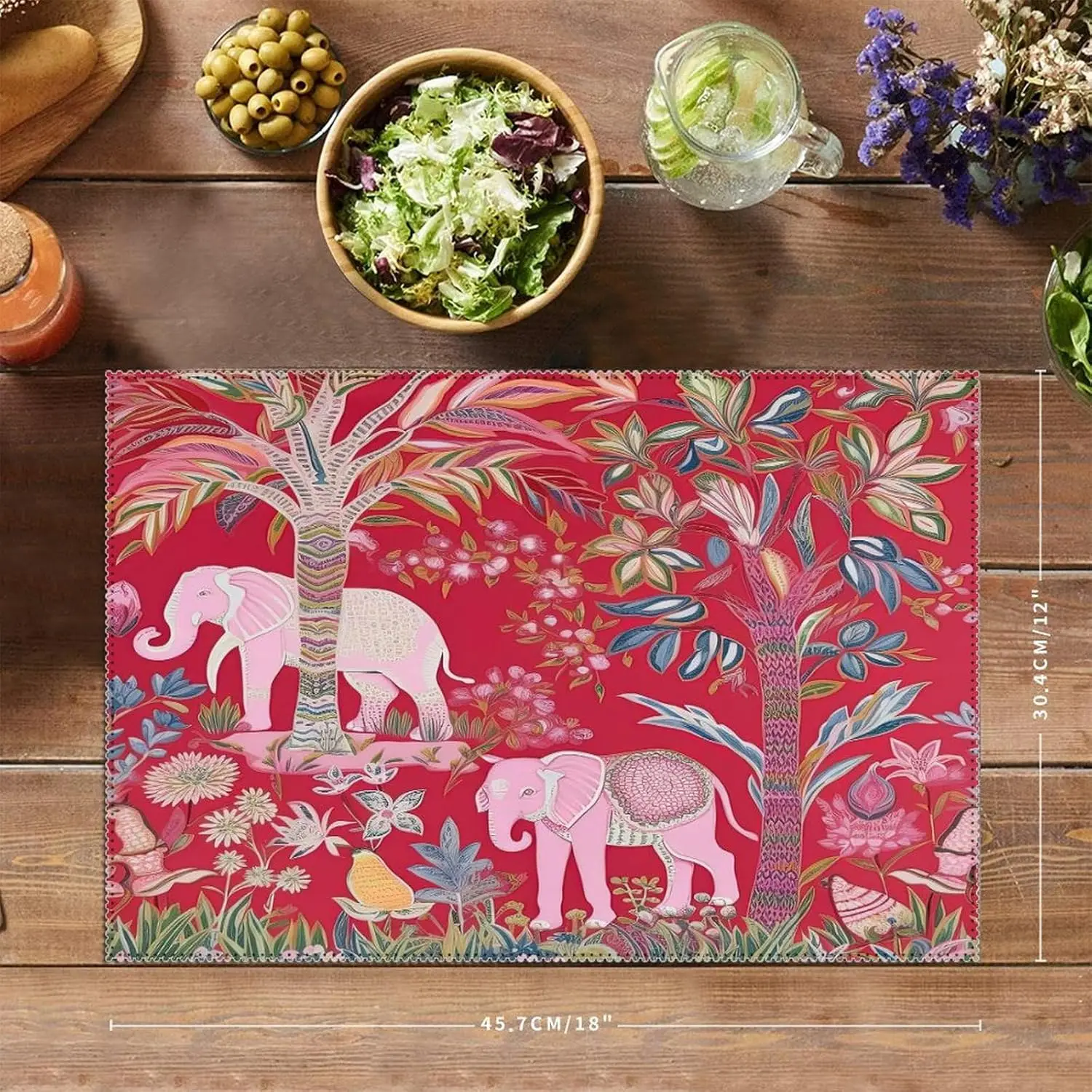 Chinoiserie Placemats Set Of 6 Pink Goa Primitive Flora And Fauna Elephant Resistant Oxford Cloth Place Mats Asian Rustic Table