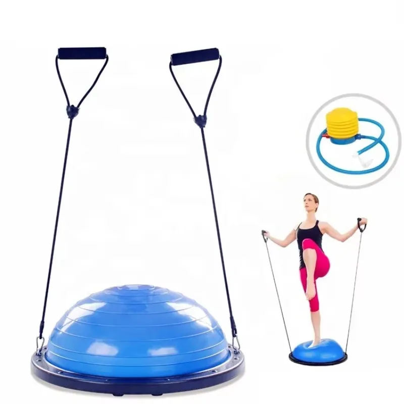 Indoor Gym Fitness Equipment 58cm Anti Burst Pilates Yoga Exercise Half Bosuing Balance Ball With Resistance Bands