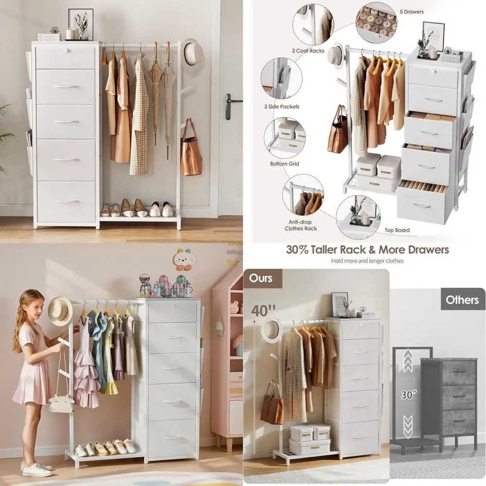 

White Bedroom Dresser with Hanging Rack, 5-Drawer Fabric Storage, 3 Coat Racks, and Side Pockets