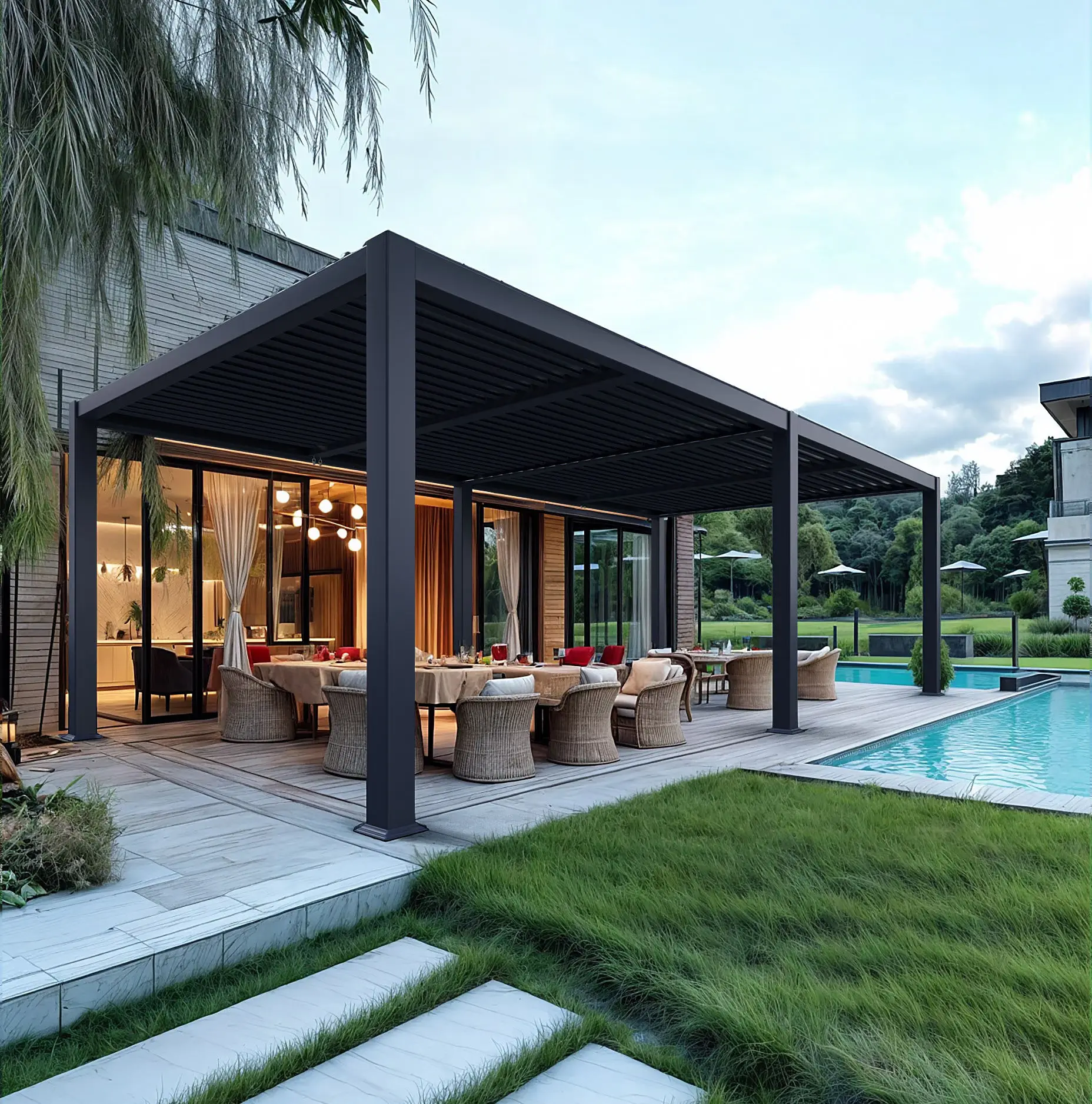 

Manual and Remote Controlled Adjustable Shutters Life Pavilion with LED Lights All Weather Pergola Durable Aluminum Alloy Gazebo