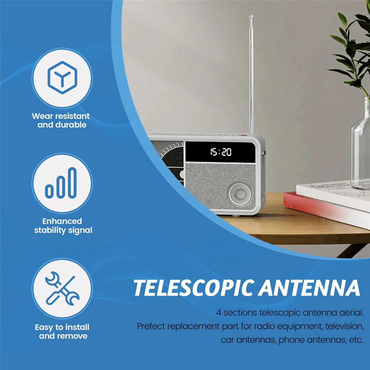 Antena teleskopowa AM FM TV o długości 62 cm i 4 sekcjach do sterowania radiem