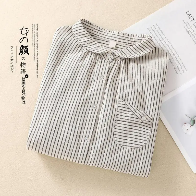 New Spring Autumn Women Long Sleeve Peter Pan Collar Casual Shirts Striped Cotton Linen Single Breasted Casual Blouse Female