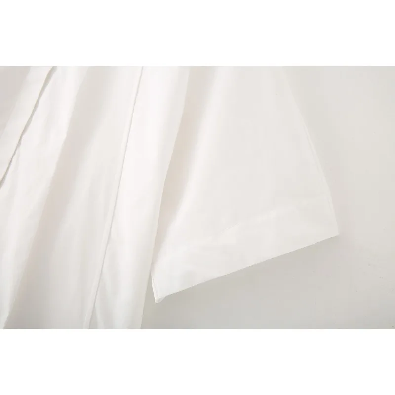 قميص نسائي مناسب مريح 2025 لربيع وصيف بلون سادة 100% قطن بياقة واقفة وأكمام قصيرة ملابس عمال عصرية أساسية