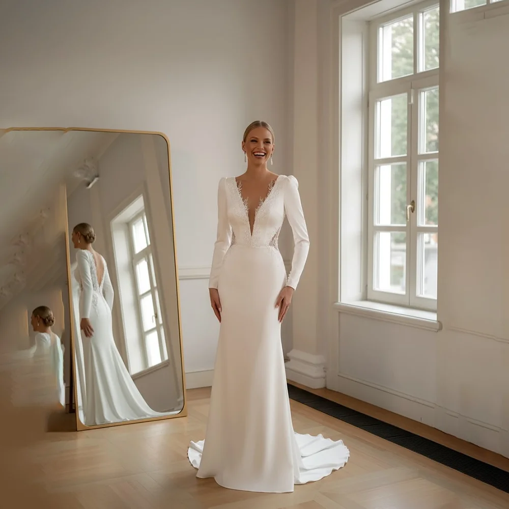 

Простые свадебные платья по индивидуальному заказу с аппликацией на шее и длинными рукавами, трикотаж русалки, элегантные вечерние платья для невесты 2025