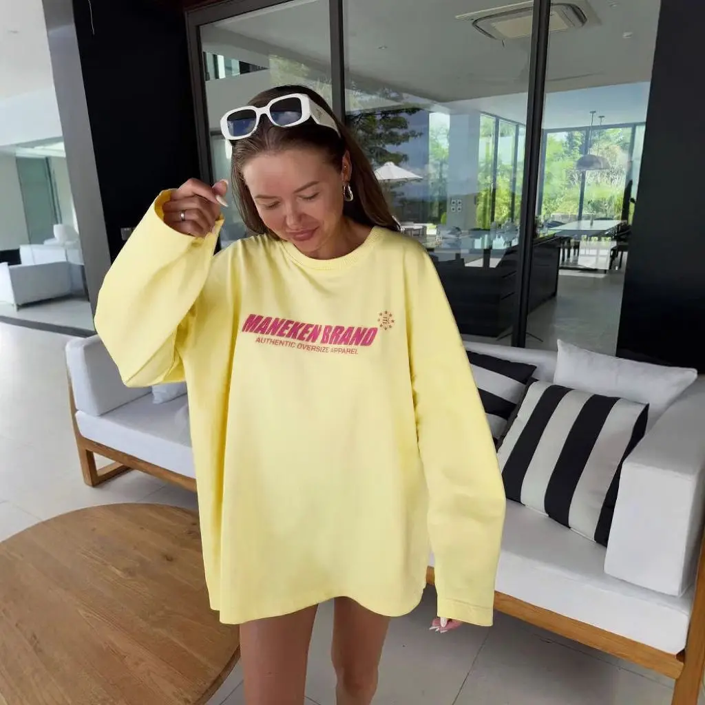 Europe's Temperament Blouse Apricot Pure Cotton T-Shirt Retro Letter Loose Large Size Autumn Trendy Design Top Leisure All-match