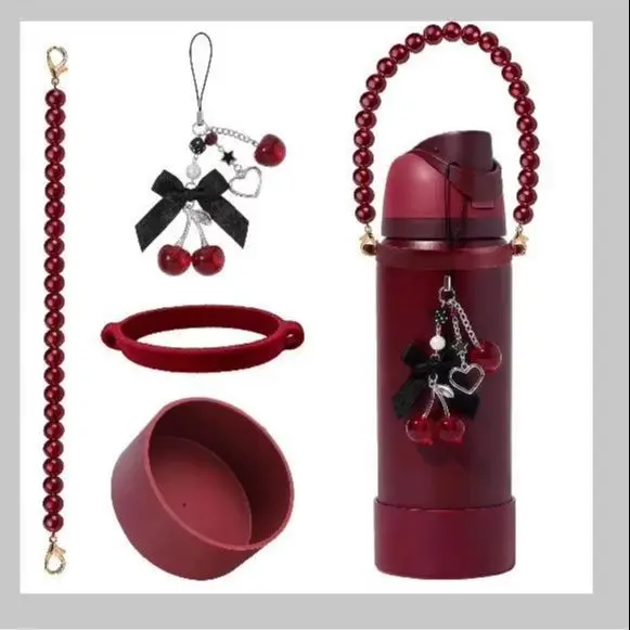 Hot-Selling for Owala Cup Accessory for Stanley Bow Decoration Silicone Cup Sleeve Cherry Love DIY Pendant
