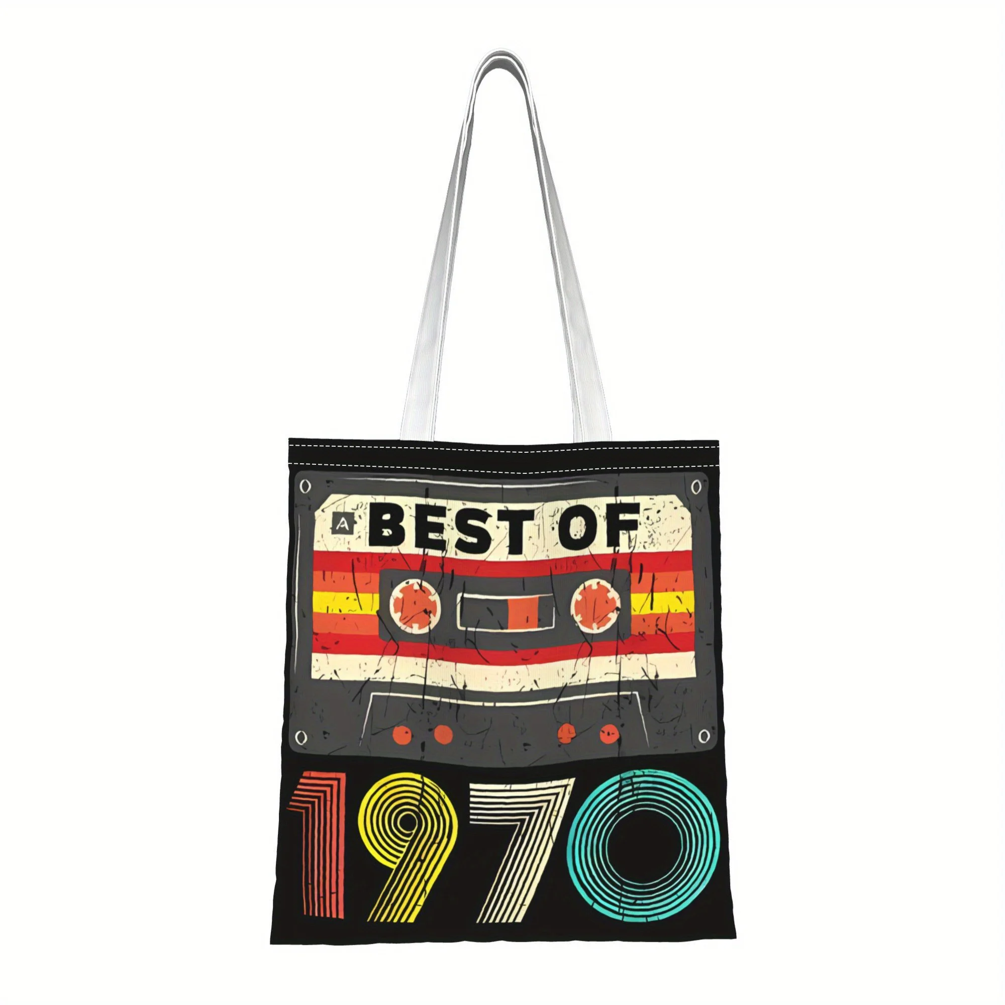 1pc 1970 Retro Cassette Tape Print Tote Shopping Bag, Suitab