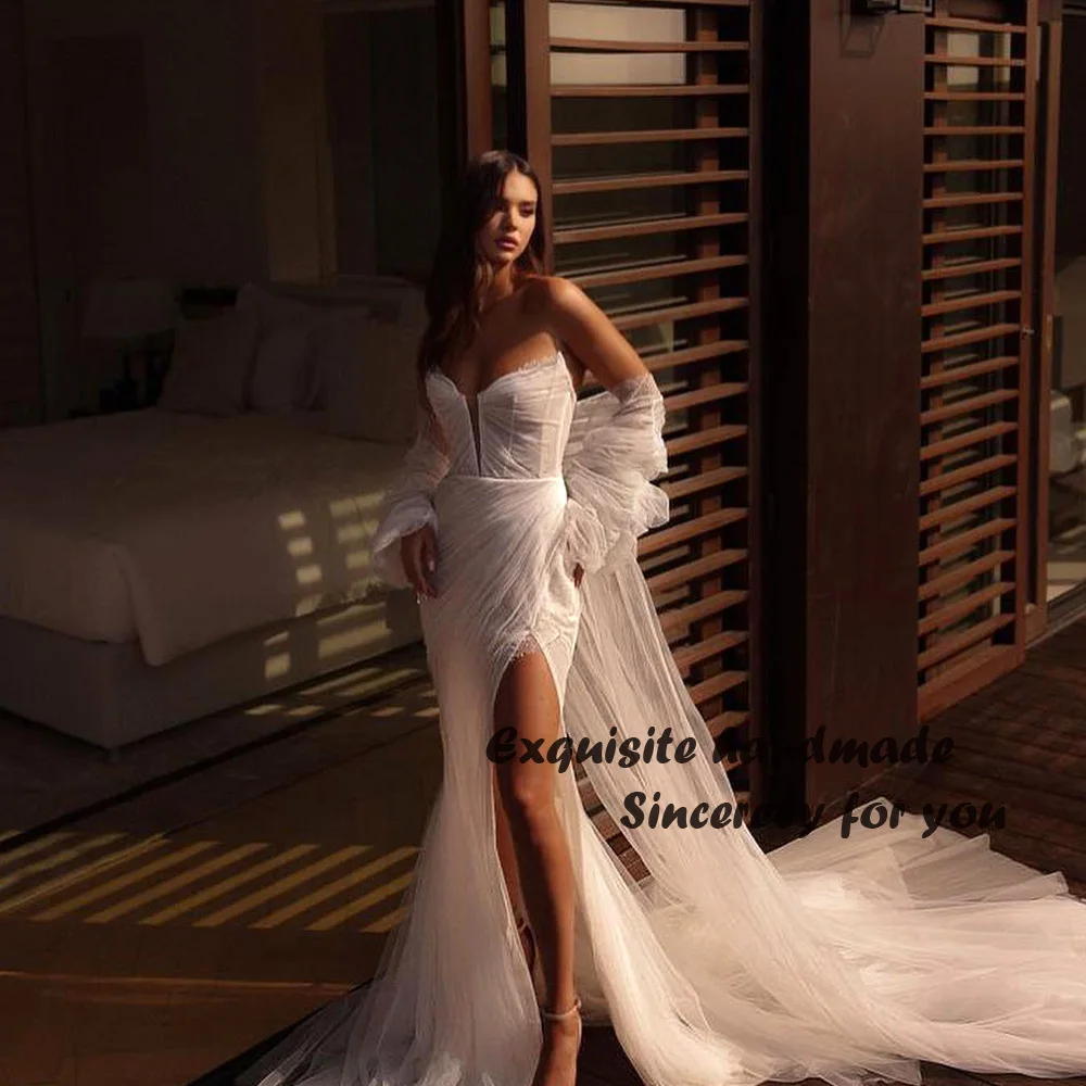 

White Mermaid Wedding Dresses Sweetheart Sexy Leg Split Beach Wedding Bridal Gowns Pleats Tulle Long Bride Party Dress