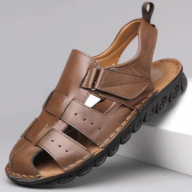 

Man's Baotou Hollow Out Leather Big Size Sandals Summer New Soft Sole Non Slip Breathable Velcro Flat Sole Outdoor Beach Sandal