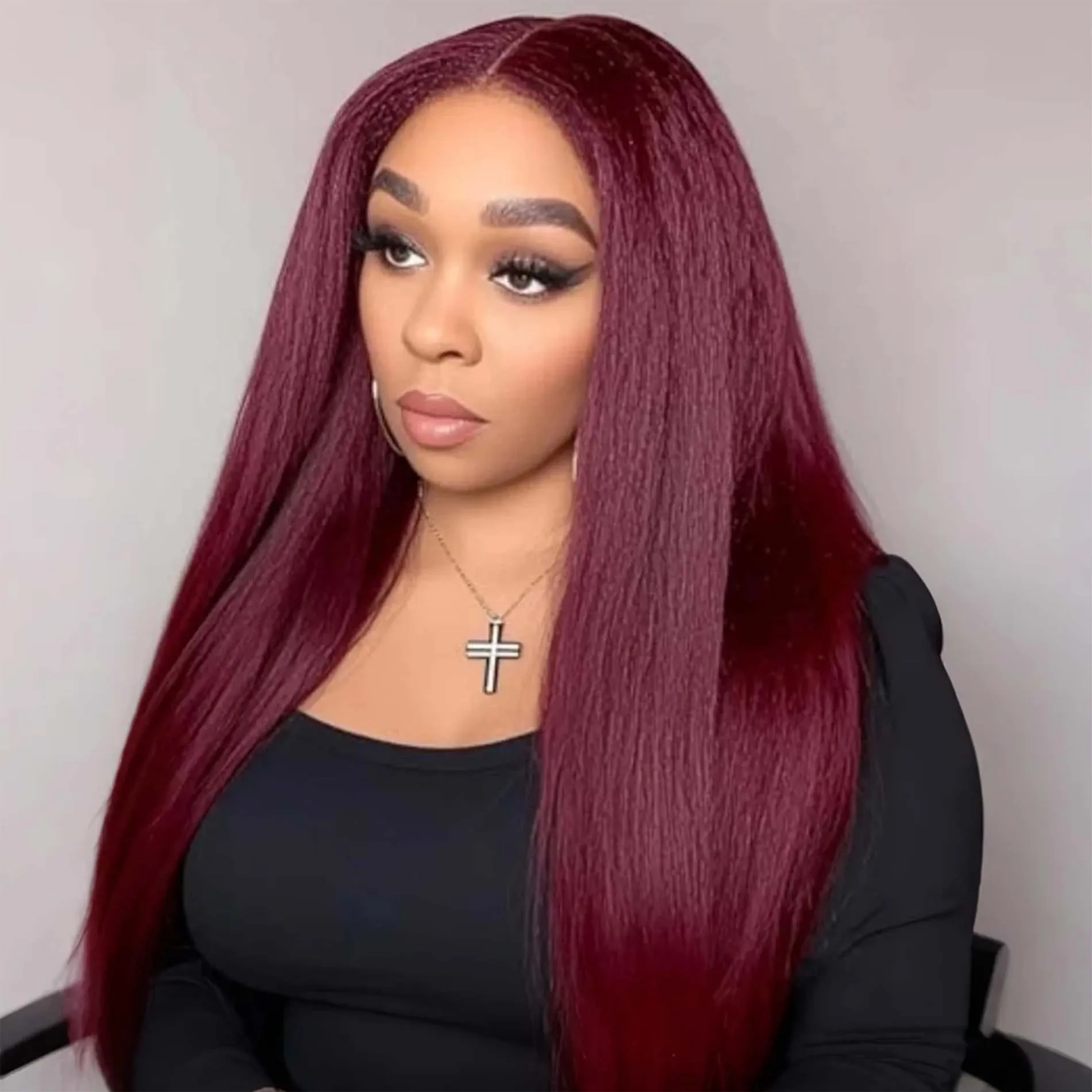 

99J Kinky Straight 13x6 Lace Frontal Human Hair Wig Brazilian Burgundy Red Color Human Hair Yaki Wigs For Women 200% Density