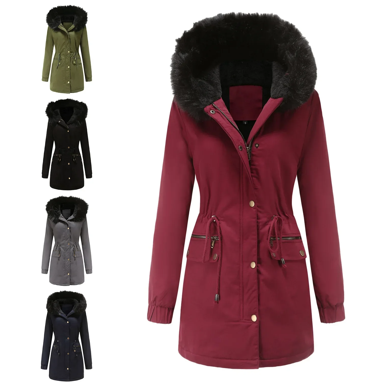 Ladies Winter Plush Fluffy Parkas Cotton Faux Fur Collar Coat Solid Color Hooded Jacket Women Large Size Loose Overcoat S-4XL