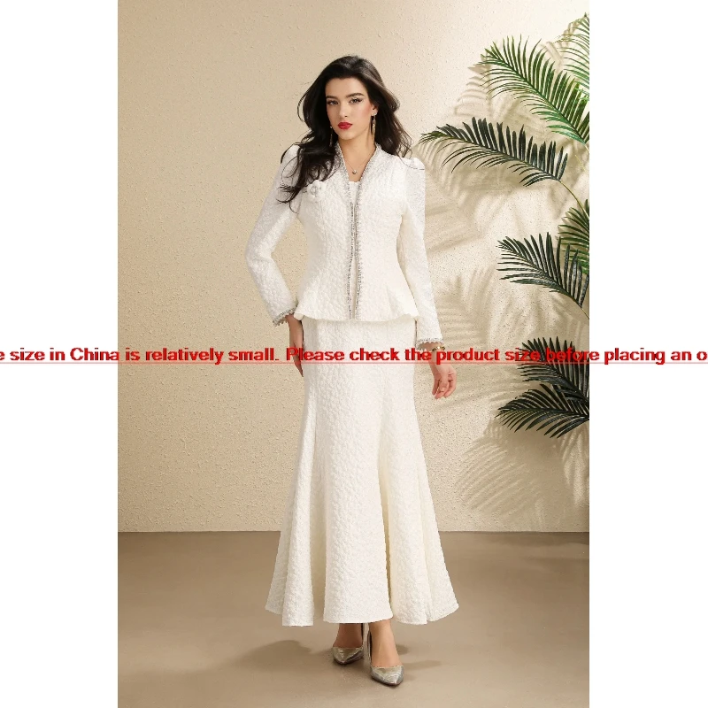 Women Luxury Tweed Two‑Piece Matching Suit Crystal 3D Applique Slim Peplum Jacket Sleeveless High Waist Mermaid Vestidos
