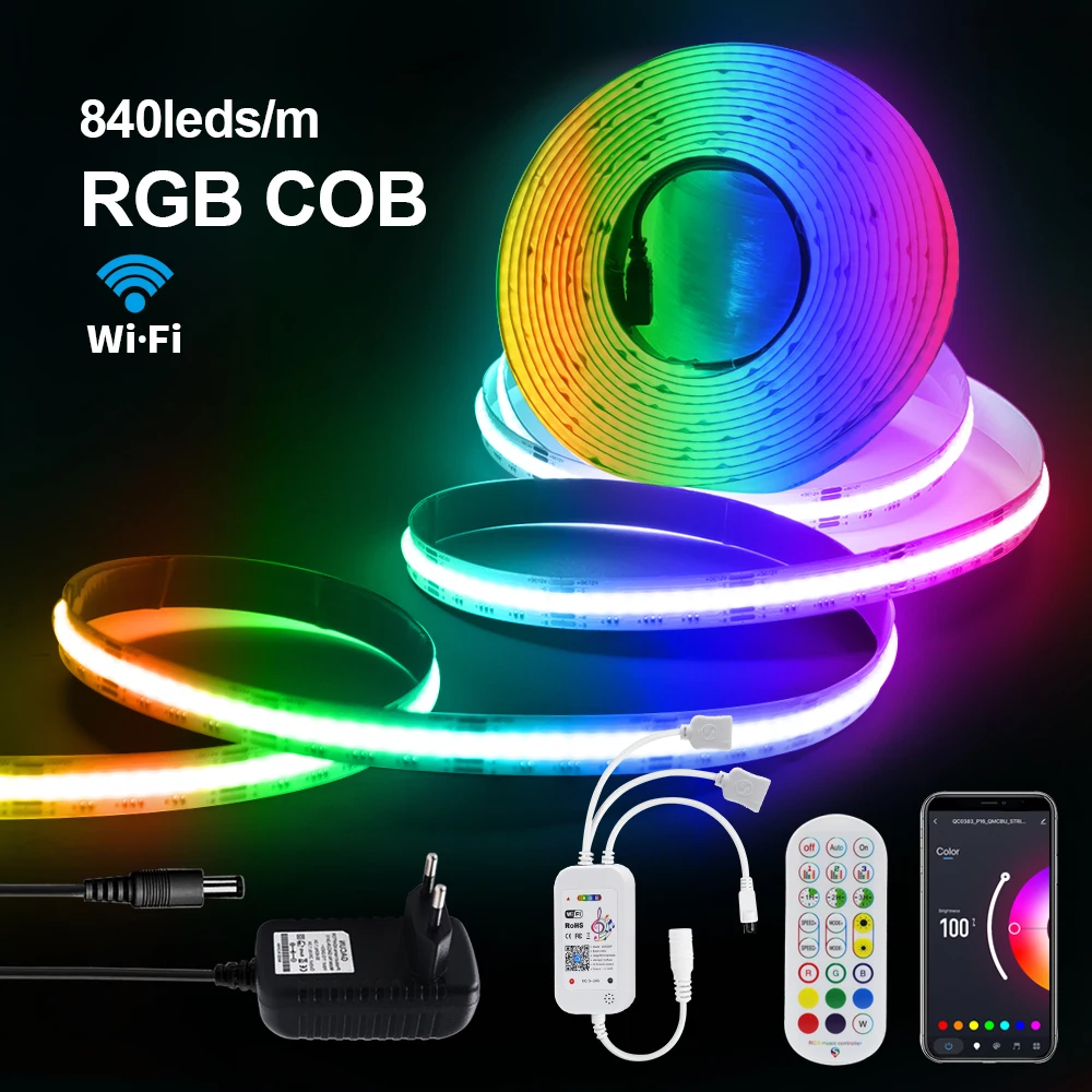 12V 24V RGB COB LED Strip 840LEDs/M WIFI ad alta densità Bluetooth APP Control FOB LED Tape 0.5m -5m nastro flessibile retroilluminazione TV