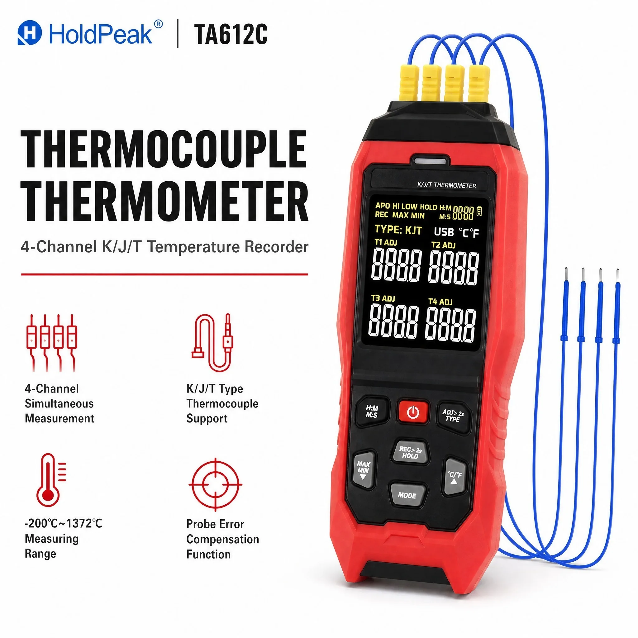 4-Channel K/J/T Thermocouple Thermometer High Precision USB Logger 5000 Records Alarm Probe C/F Calibration for HVAC Appliance