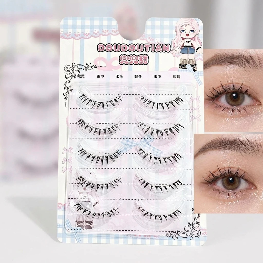 Daily Makeup Lower False Eyelashes Natural Cat-Eye Lash Clusters Hand Drawn Effect Sheer Black Lashes for Round Eye Look