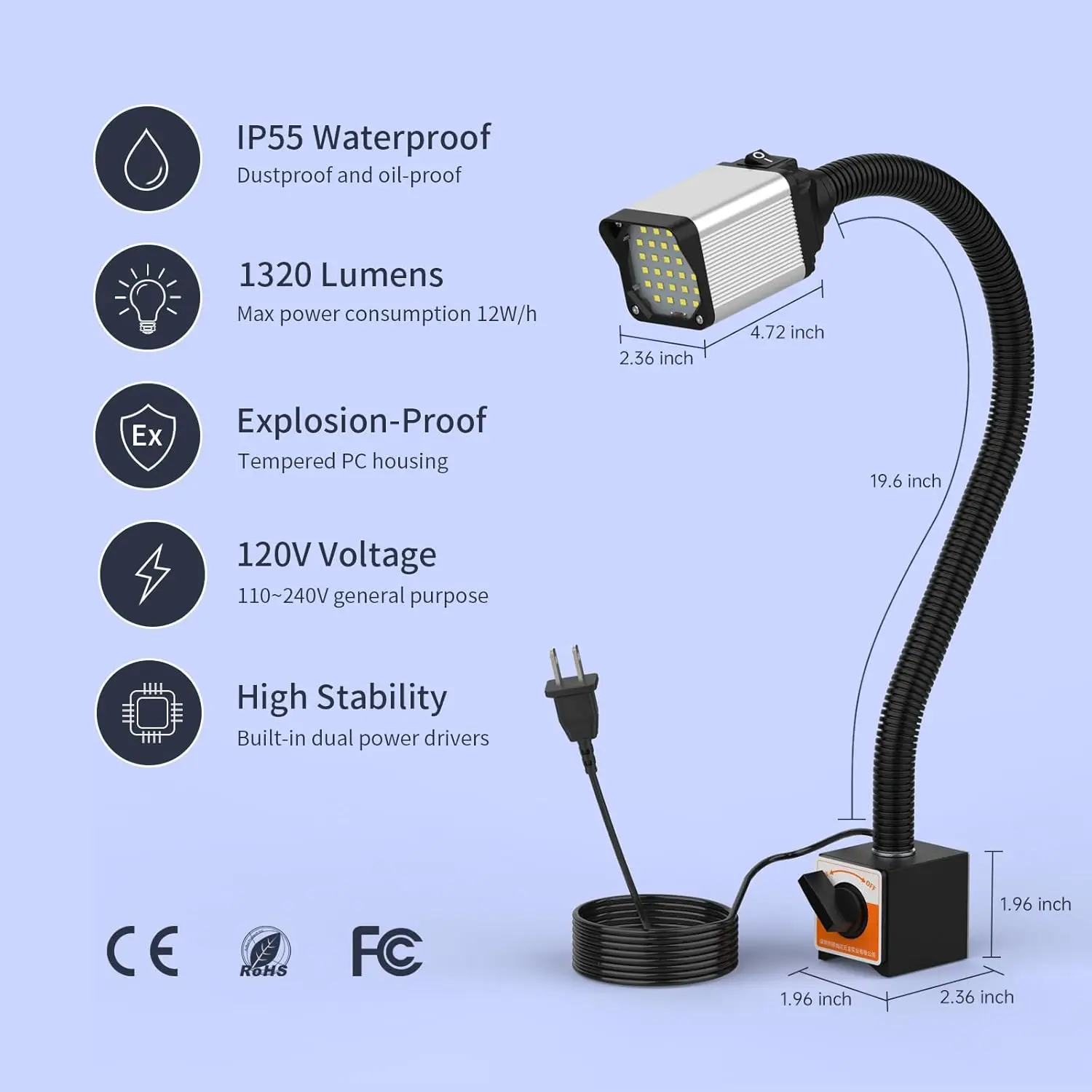 ไฟแม่เหล็ก28LED ไฟคอห่านยืดหยุ่น120ลูเมน1320 V พร้อม alas magnetik ปรับได้สำหรับการกดกัด CNC