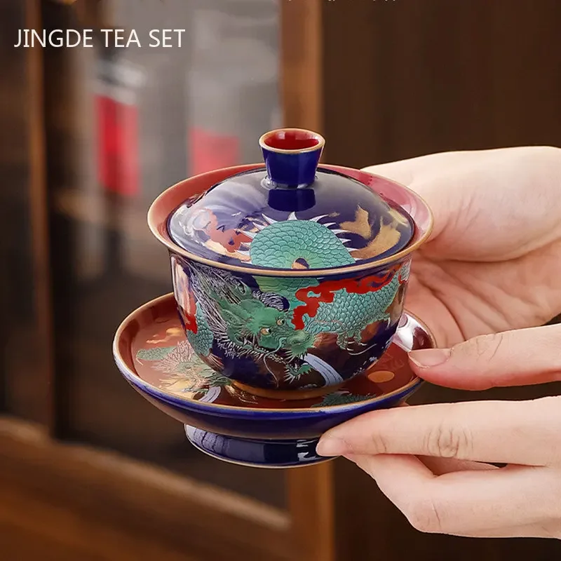 Enamel Color Three CAI Gaiwan Exquisite Ceramic Tea Bowl with Lid Cup Chinese Tea Set Gifts High Quality Tea Infuser