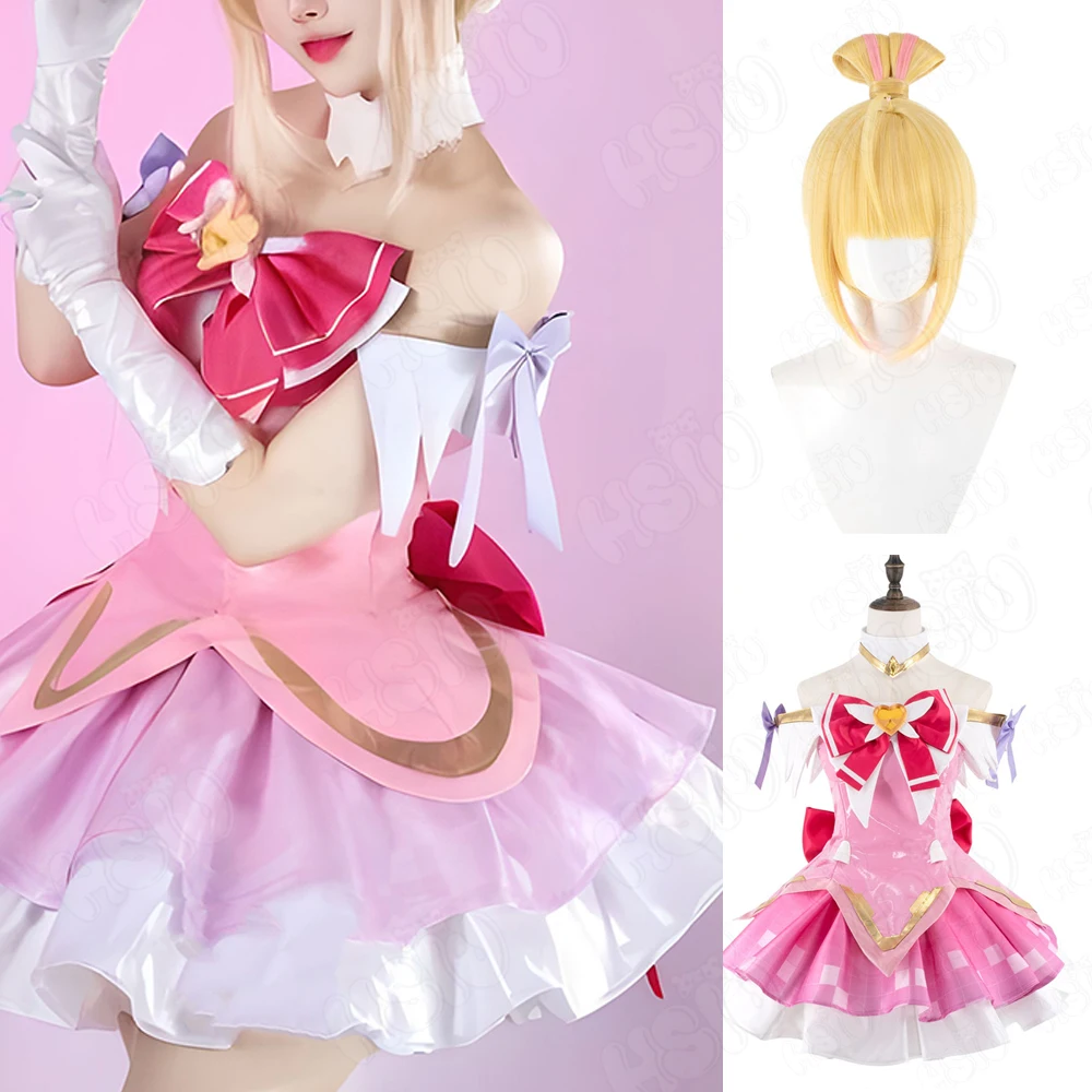 

Juno Cosplay Costume Wig Fiber synthetic wig「HSIU 」Blonde Peach Pink Short Wig Magic Girl Skin Pink Skirt Overwatch Cosplay