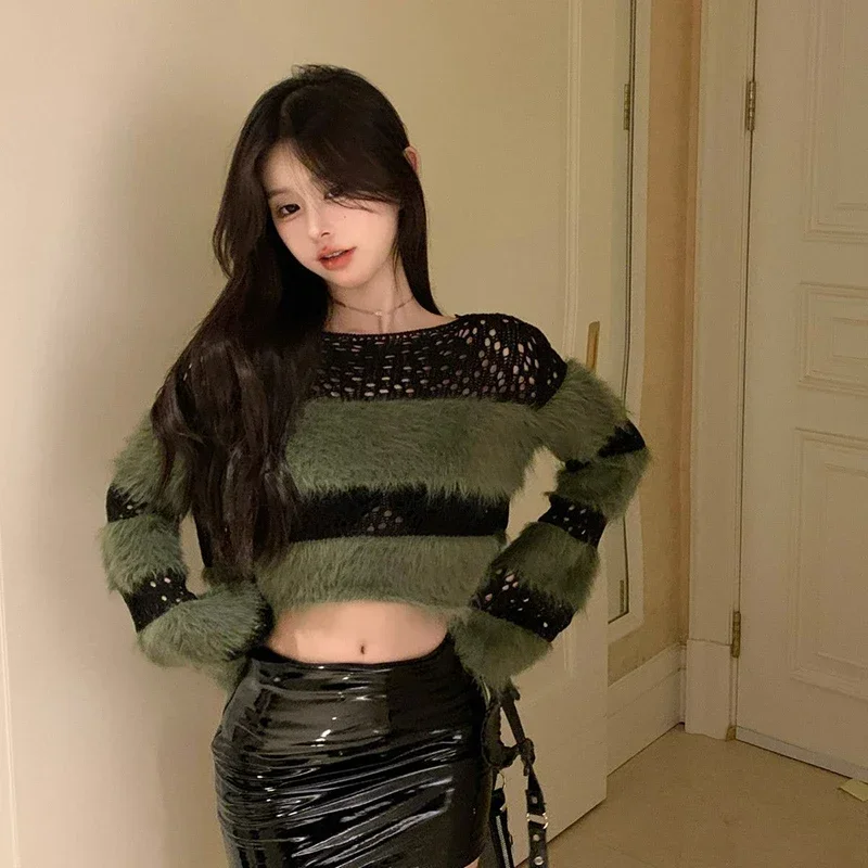 GIDYQ Harajuku Vintage Green Striped Sweaters Women Y2k Sexy Hollow Out Off Shoulder Crop Pullovers Fashion Patchwork Soft Top