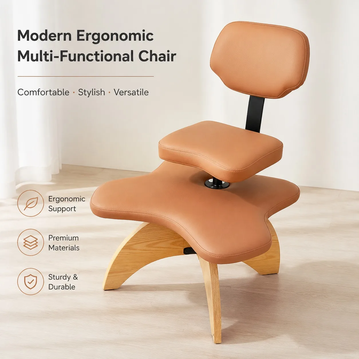 Height-Adjustable Cross-Legged Ergonomic Stool with Backrest – Wooden Knee Chair for Office Posture Support