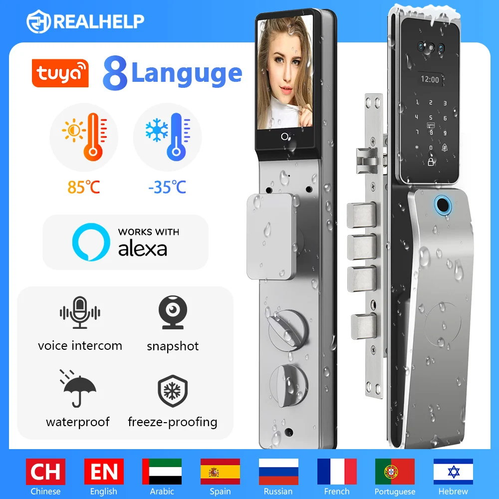 Serrure de porte intelligente Compatible avec Alexa, avec mot de passe par empreinte digitale, sonnette vidéo à reconnaissance faciale 3D et étanche IP67, Tuya Smart Life