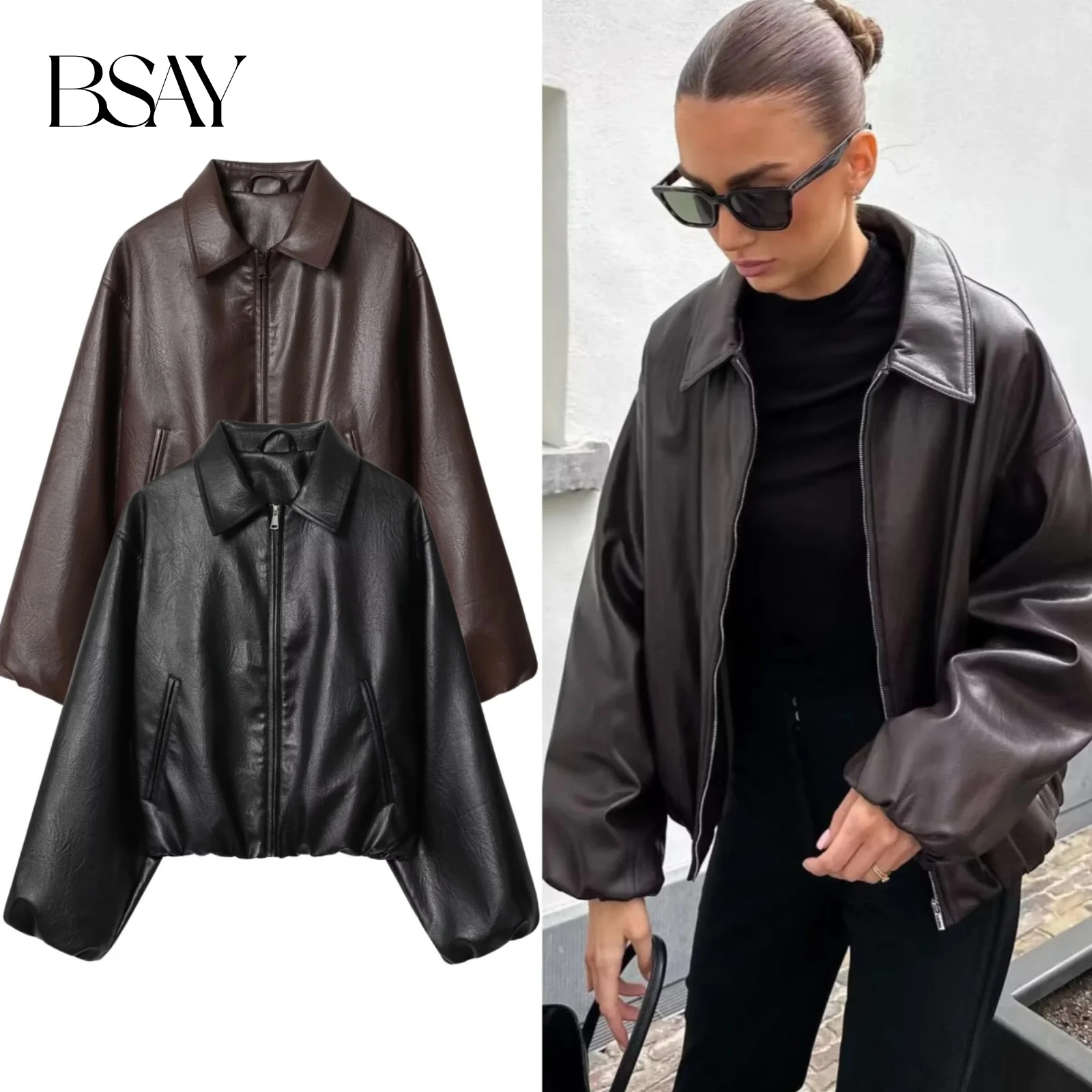 BSAY moda versátil cremallera cuello manga larga suelta mujer otoño nueva colección 2025 chaqueta de piloto abrigo