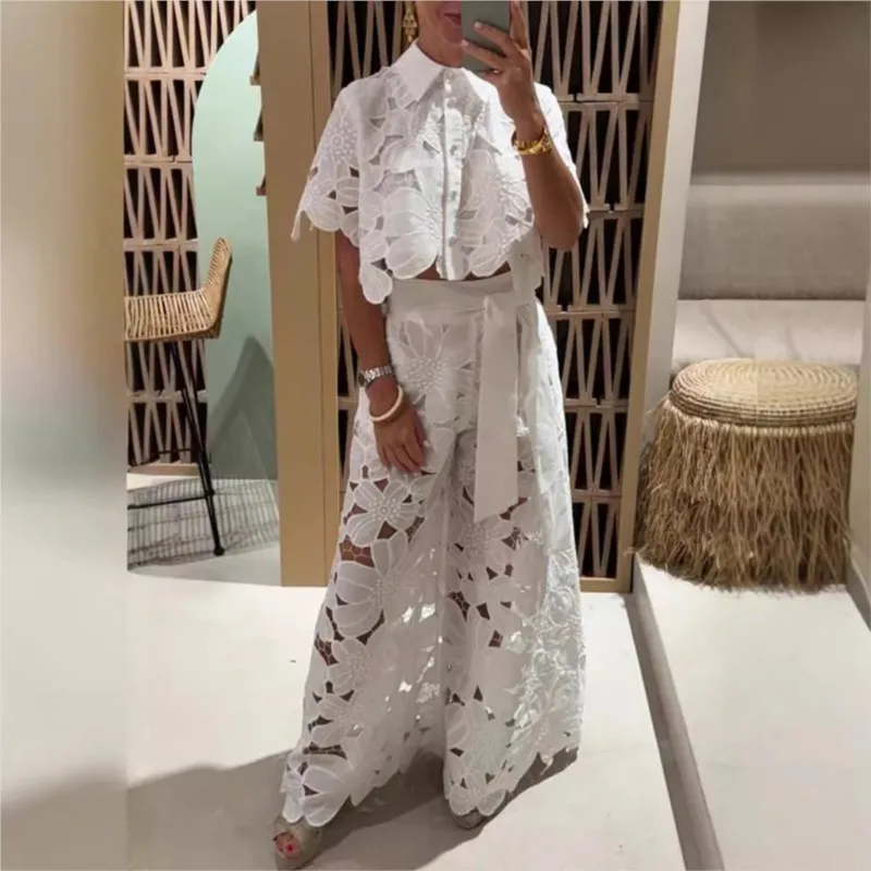 New Sexy Women Lace Embroidery Hook Flower Hollow 2 Pc Sets Summer Fashion Solid Color Tailored Collar Top+Wide Leg Pants Suit