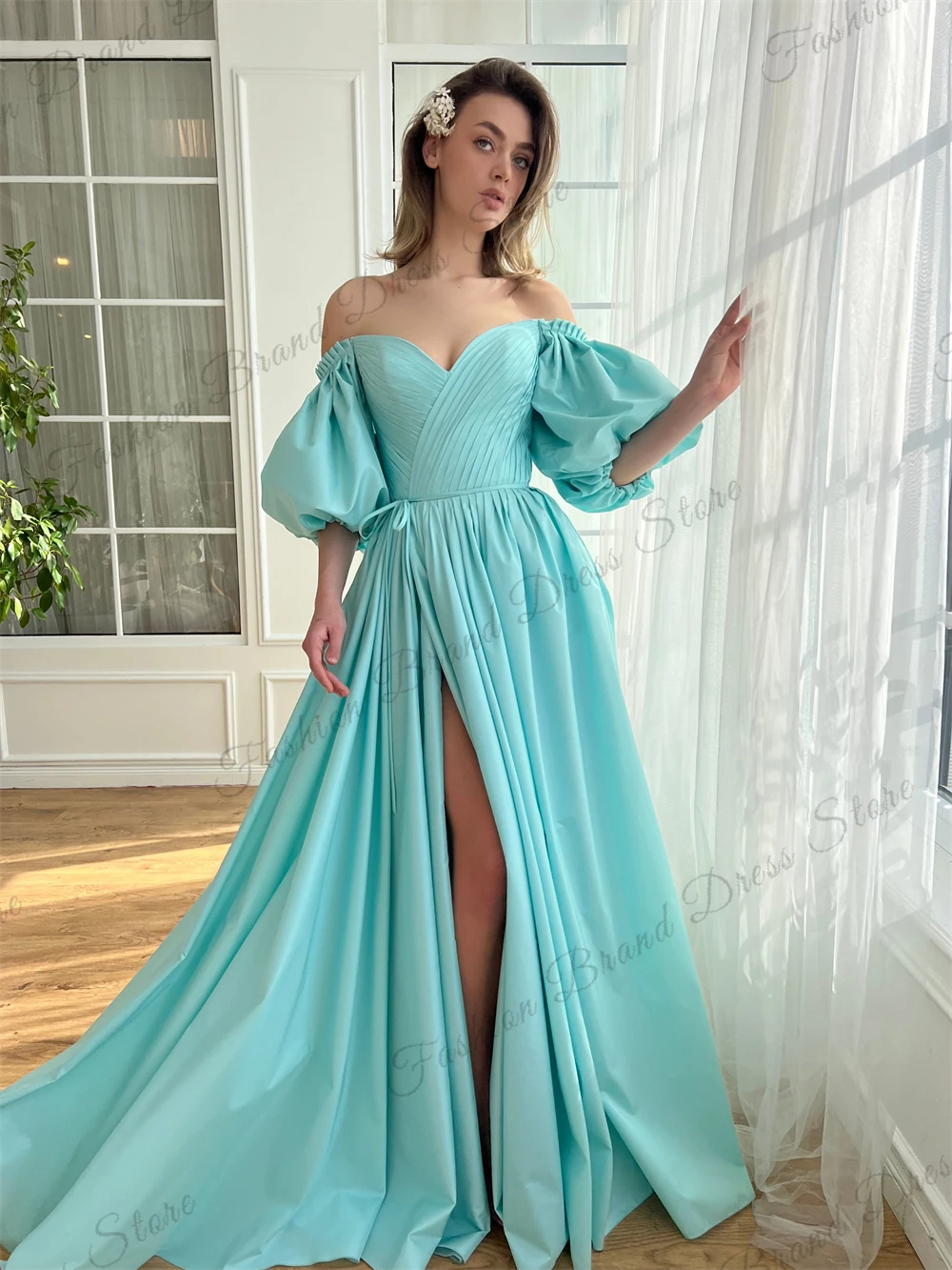 Taffeta Off-the-shoulder Sweetheart Prom Dresses With Split Pleated Corset Backless Formal Evening Gowns A-line Long Ball Gowns