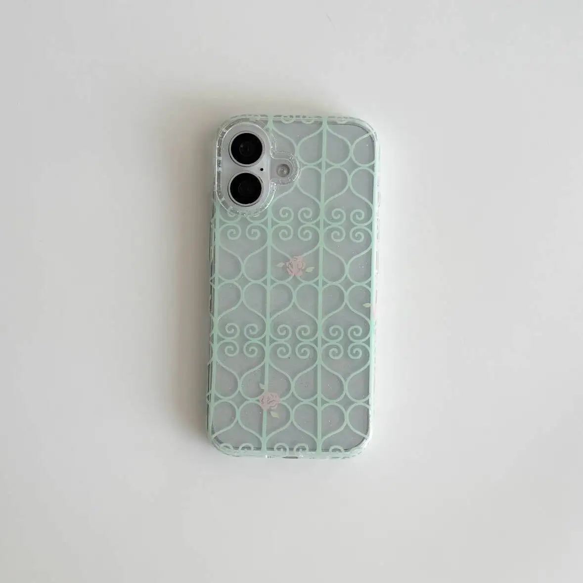 Mint Green Iron Window Pink Rose Transparent Phone Case For iPhone 18 17 Air 16 Pro Max 15 14 Plus 13 Mini 12 11 Soft Back Cover - view 2