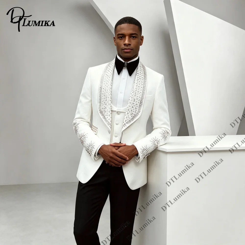 Jacquard Men's 3 Piece Suit Rhinestone Shawl Lapel Slim Fit Wedding Tuxedo Groom Prom Blazer Vest Pants Set Crystal Sleeve