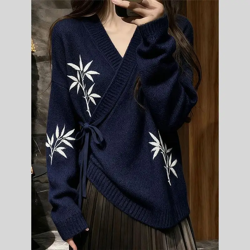 

Chinese Lace up Bamboo Embroidery Sweater Coat Autumn Winter V-neck Wool Knit Cardigans Women Cashmere Jumper