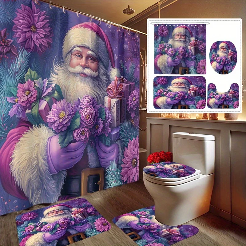 

4pcs Christmas Gift Printed Shower Curtain Set, Decorative Bathroom Set Includes Shower Curtain, Non-Slip Floor Mat, Toilet