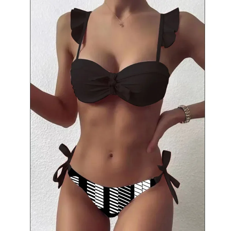 Cacocala 2024 Summer New Striped Lace Ruffle Women Bandeau Swimsuit Female Swimwear Bra Cup Bikini Set High Cut Bathing Suit