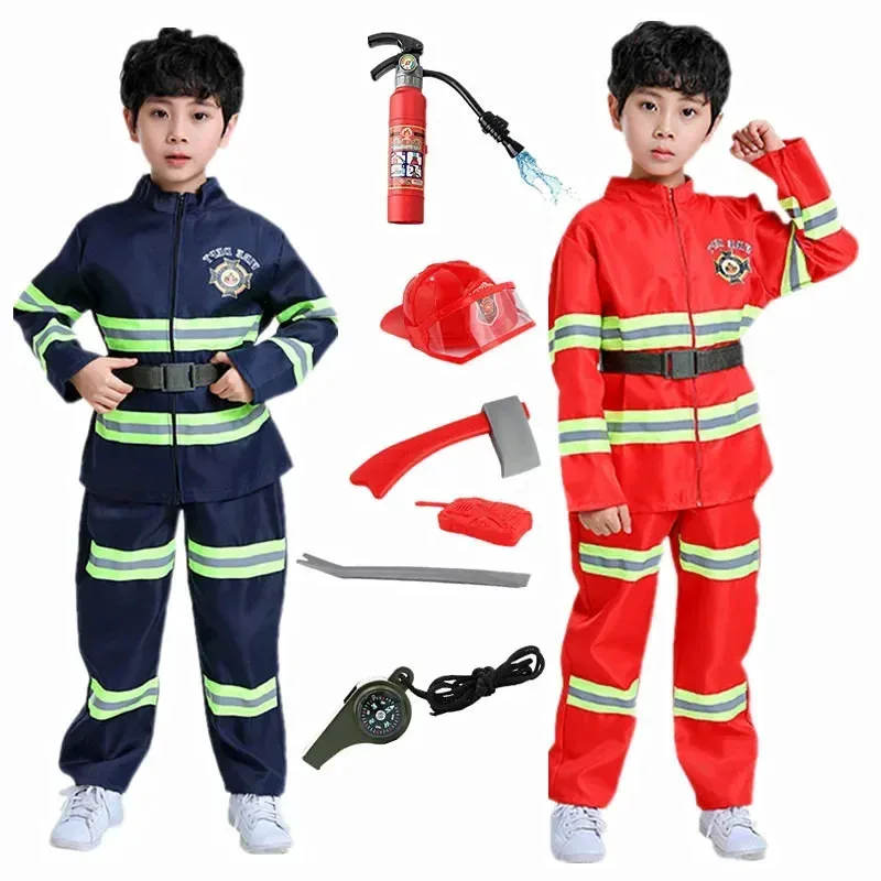 Boys Firefighter Costume, Fire Long Sleeve Jacket and Pants Firefighting Playset for Holiday Party Performance Costumes