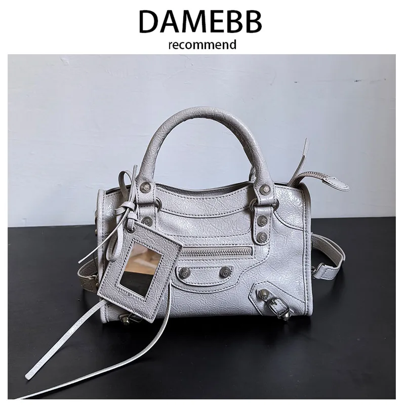Damebb Luxury Real Leather Rivet Motorcycle Bag Fashionable Shoulder Crossbody Tote Bag Women's Handbag Square Shape Zipper C...