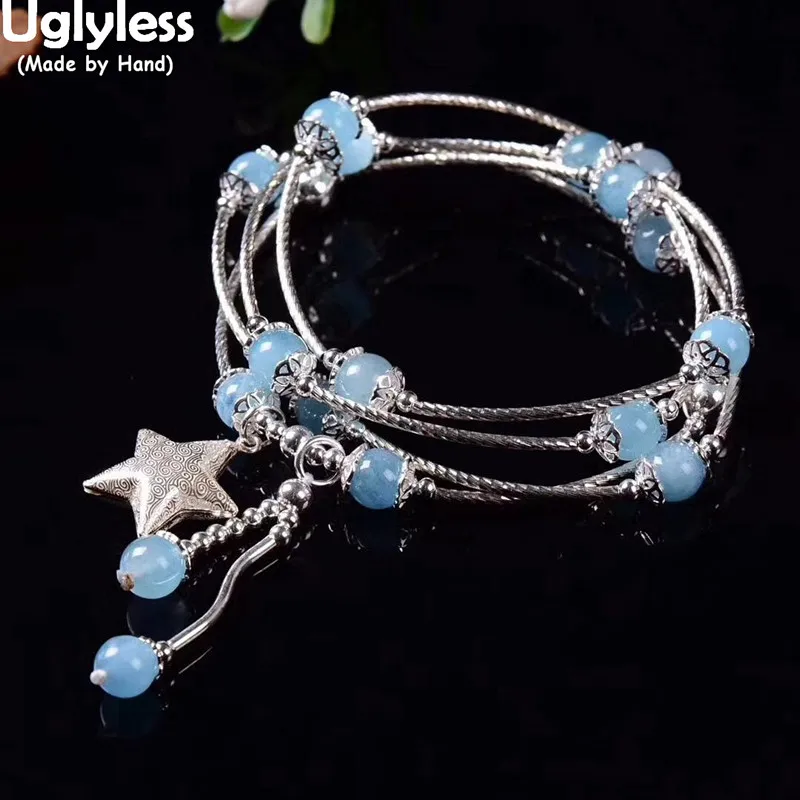 

Uglyless Natural Amazonite Blue Gemstones Bracelets Women Elastic Rope 4-Layer Adjustable Bracelet 925 Silver Star Jewelry BR310