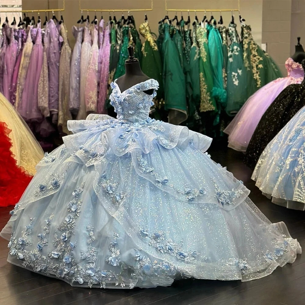 

Изысканные платья принцессы Quinceanera с рюшами и открытыми плечами, 3D цветочные аппликации на шнуровке, светло-голубой, бутик для вечеринки, сладкий
