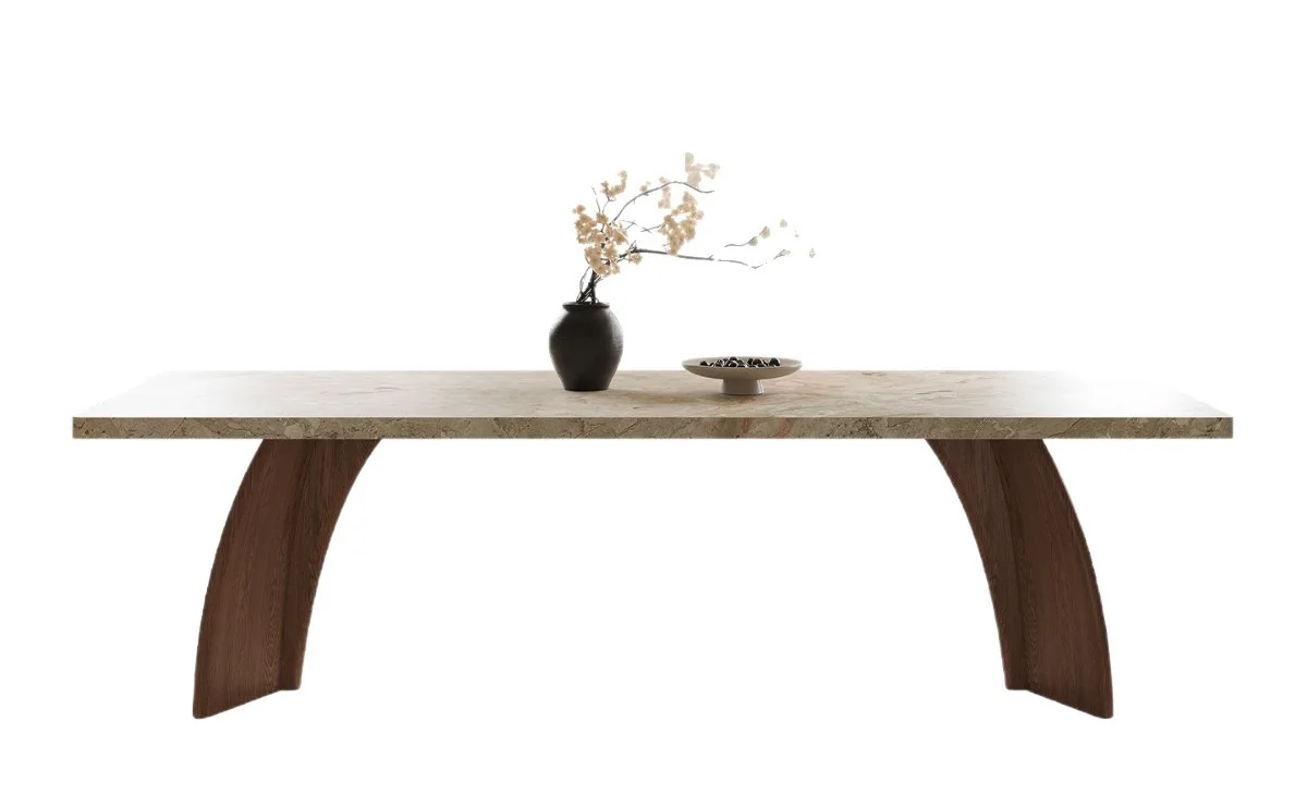 

#Light Luxury Travertine Dining Table, Vintage Solid Wood Rectangular Dining Table with Hanging Design for Dining Room